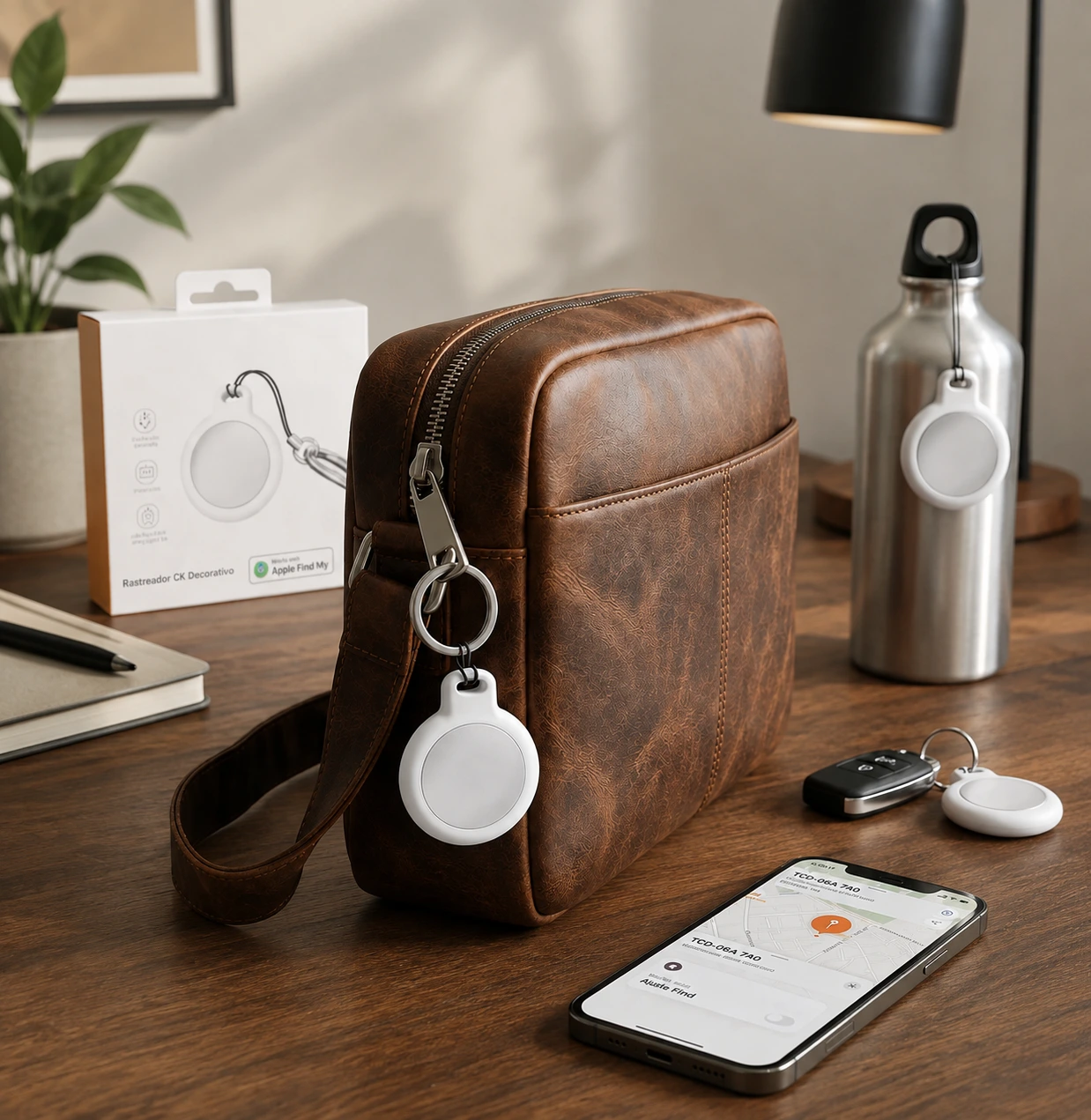 Smart Tag presa em uma bolsa, com a localização no iPhone