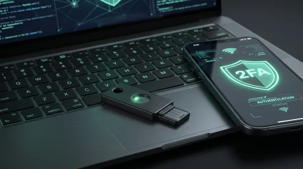 Chave de segurança física conectada a notebook e celular