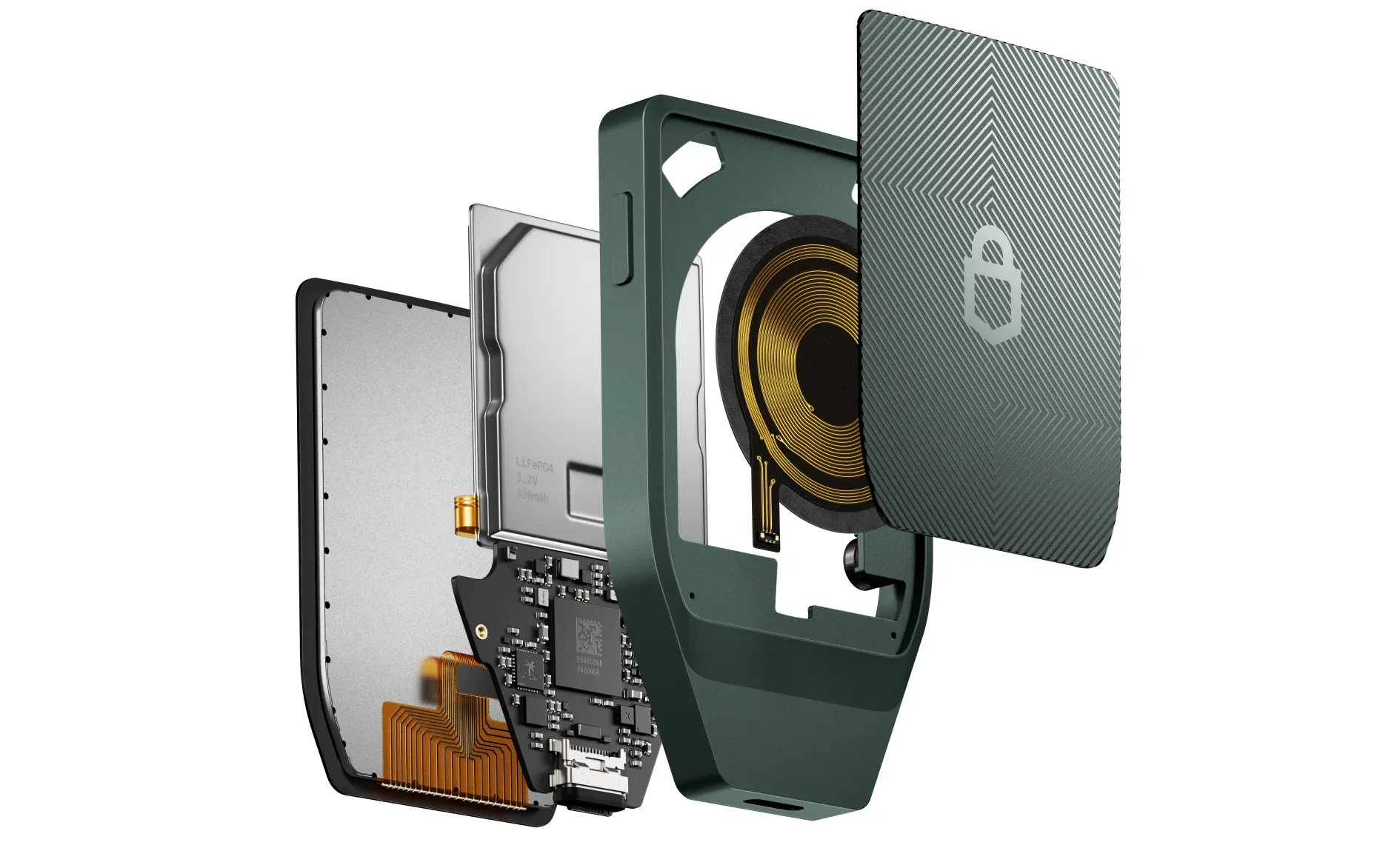 Trezor Safe 7 desconstruída: tela, bateria LiFePO4, placa com TROPIC01, corpo de alumínio, bobina Qi2 e tampa