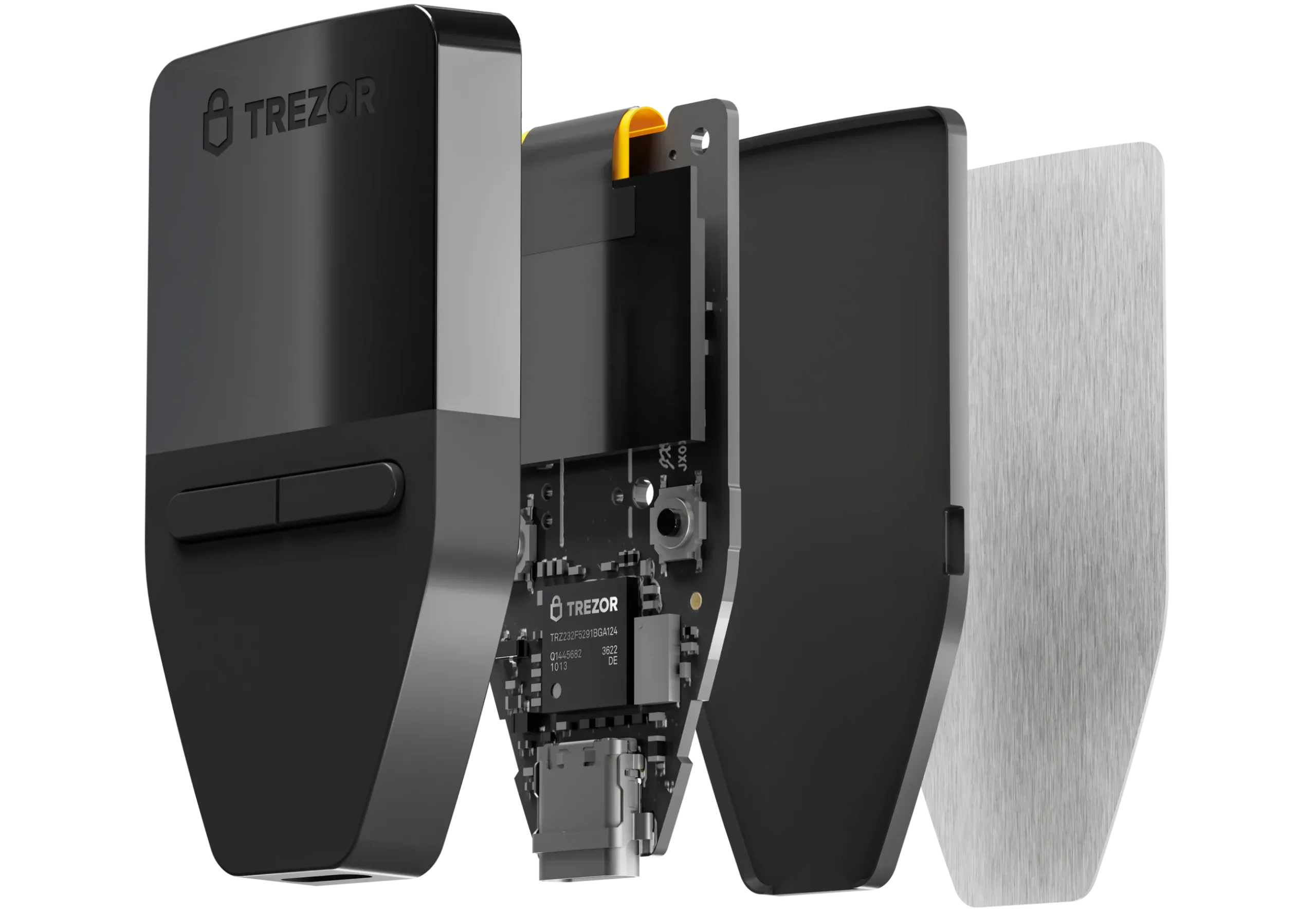 Trezor Safe 3 desmontada: carcaça, placa com Secure Element, tampa e placa de alumínio