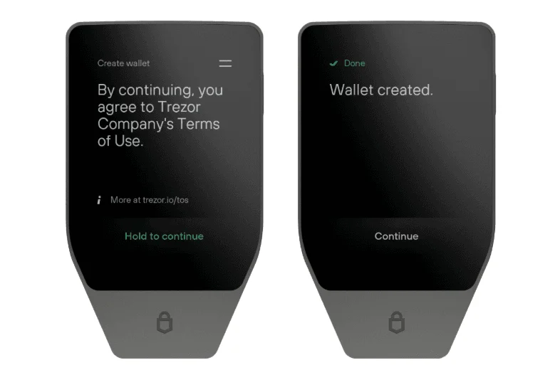 Telas da Trezor Safe 7 com a aceitação dos Termos de Uso e a confirmação Wallet created