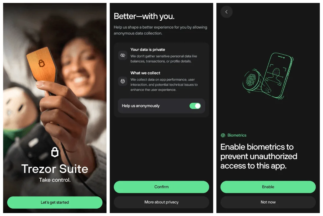 Três telas do app Trezor Suite: boas-vindas, envio opcional de dados anônimos e ativação da biometria