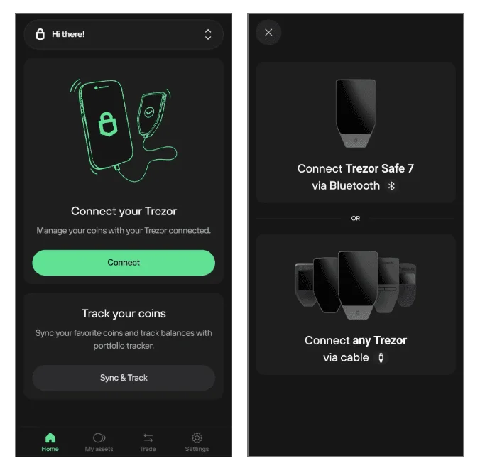 App Trezor Suite com as opções de conectar a Trezor Safe 7 por Bluetooth ou qualquer Trezor por cabo