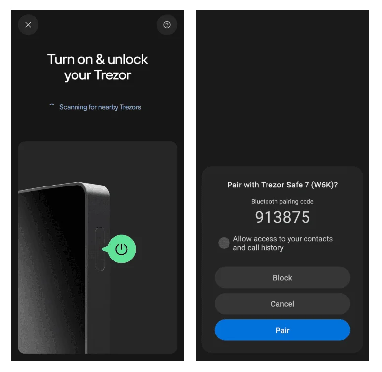 Telas de pareamento Bluetooth da Trezor Safe 7 no celular, com o código de pareamento