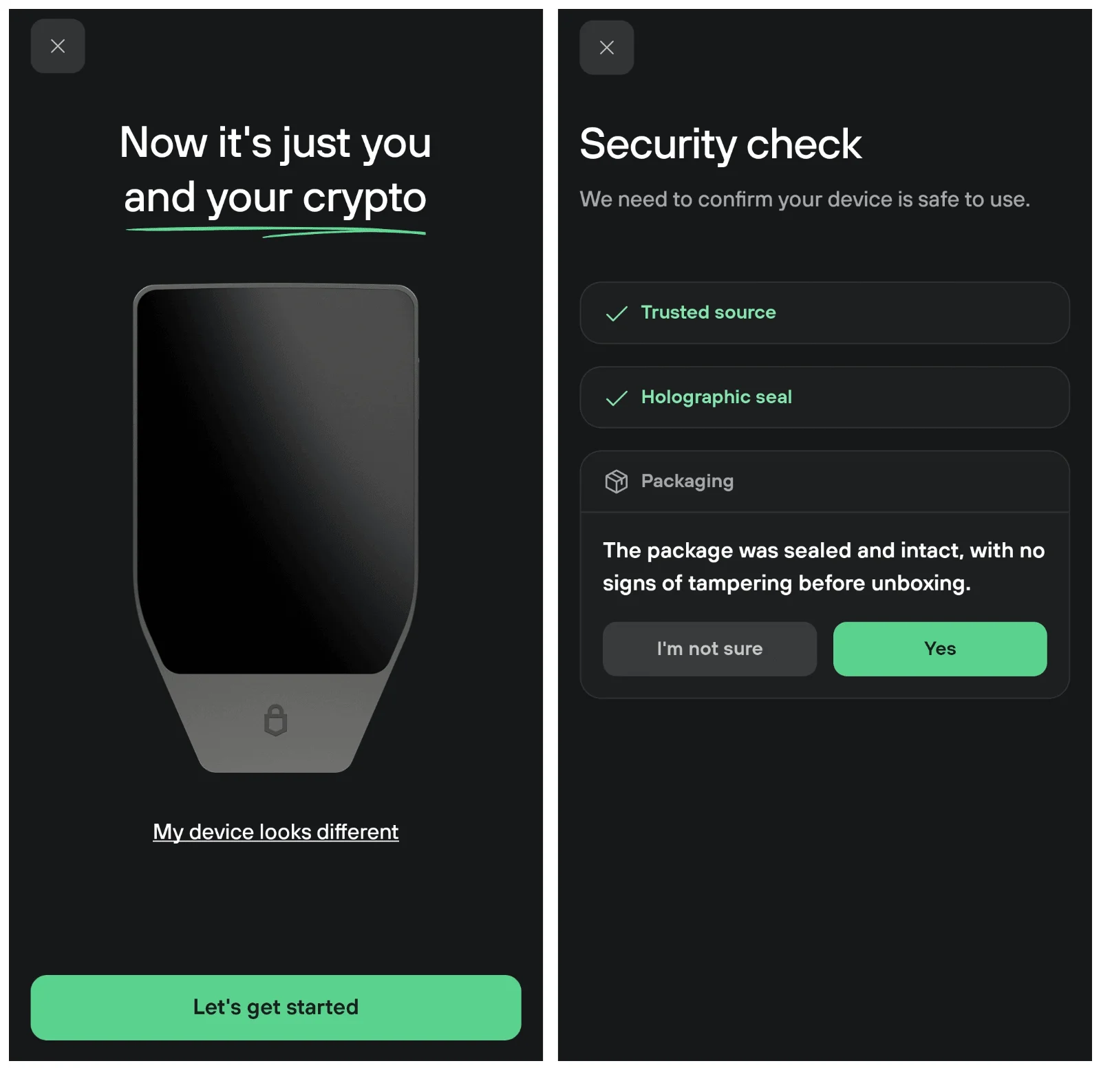 Telas do app Trezor Suite depois da conexão e a verificação de segurança sobre a origem da compra, o selo e a embalagem
