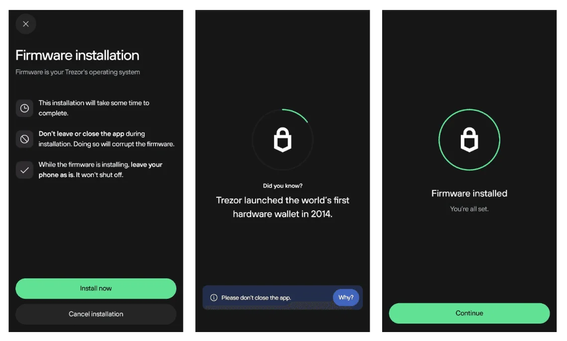 Três telas do app Trezor Suite mostrando a instalação do firmware na Trezor Safe 7 até a conclusão
