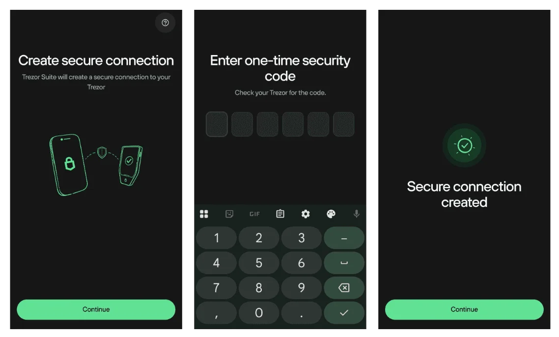 Telas do app Trezor Suite criando a conexão segura com a Trezor Safe 7 pelo código de uso único