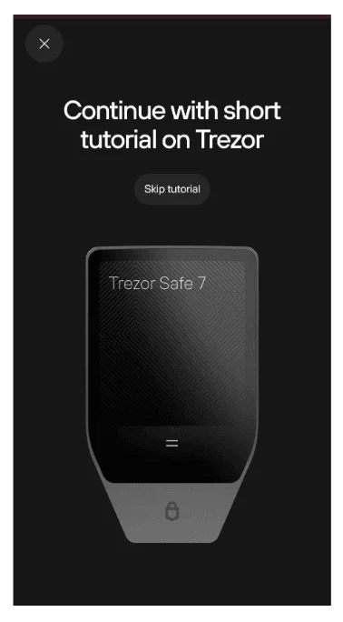 Tela do app Trezor Suite com a opção de seguir ou pular o tutorial da Trezor Safe 7