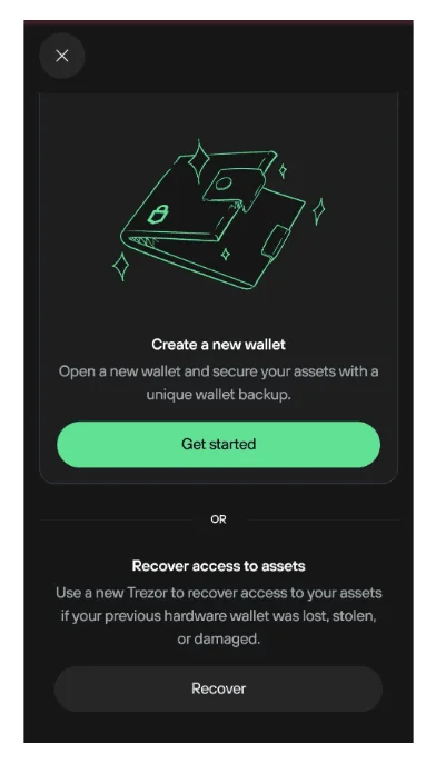 Tela do app Trezor Suite com os botões Get started, para criar uma carteira, e Recover, para recuperar