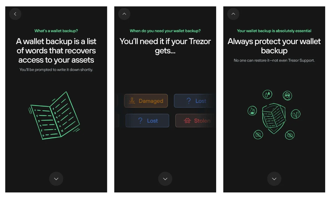 Três telas do app Trezor Suite explicando o que é o backup da carteira e como protegê-lo
