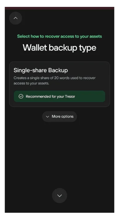 Tela Wallet backup type do app Trezor Suite com o Single-share Backup recomendado