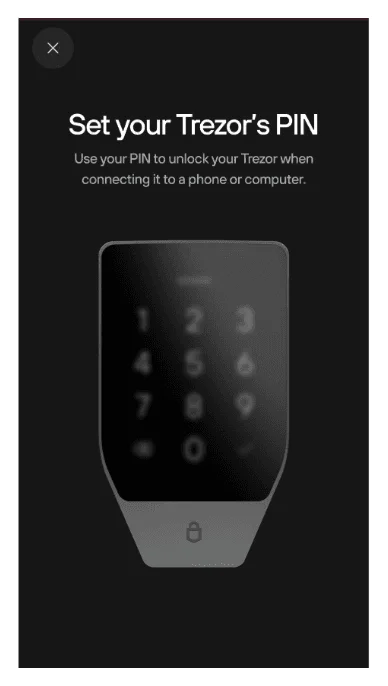 Tela do app Trezor Suite pedindo para definir o PIN da Trezor