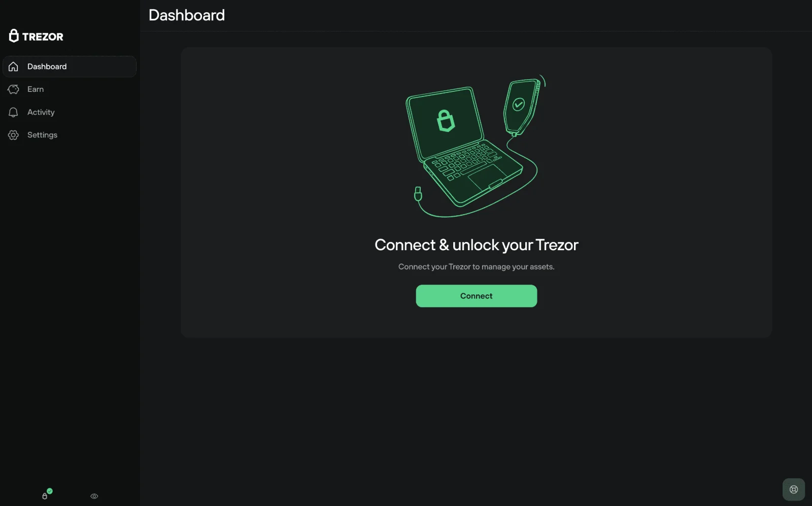 Trezor Suite no computador com a mensagem Connect & unlock your Trezor e o botão Connect