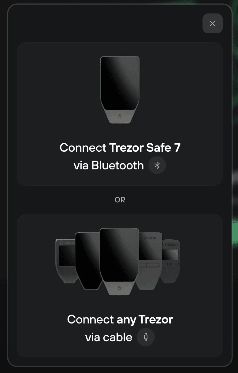 Janela do Trezor Suite com as duas formas de conexão: Trezor Safe 7 por Bluetooth ou qualquer Trezor por cabo