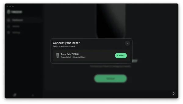 Trezor Suite listando a Trezor Safe 7 encontrada por Bluetooth, com o botão Connect para parear