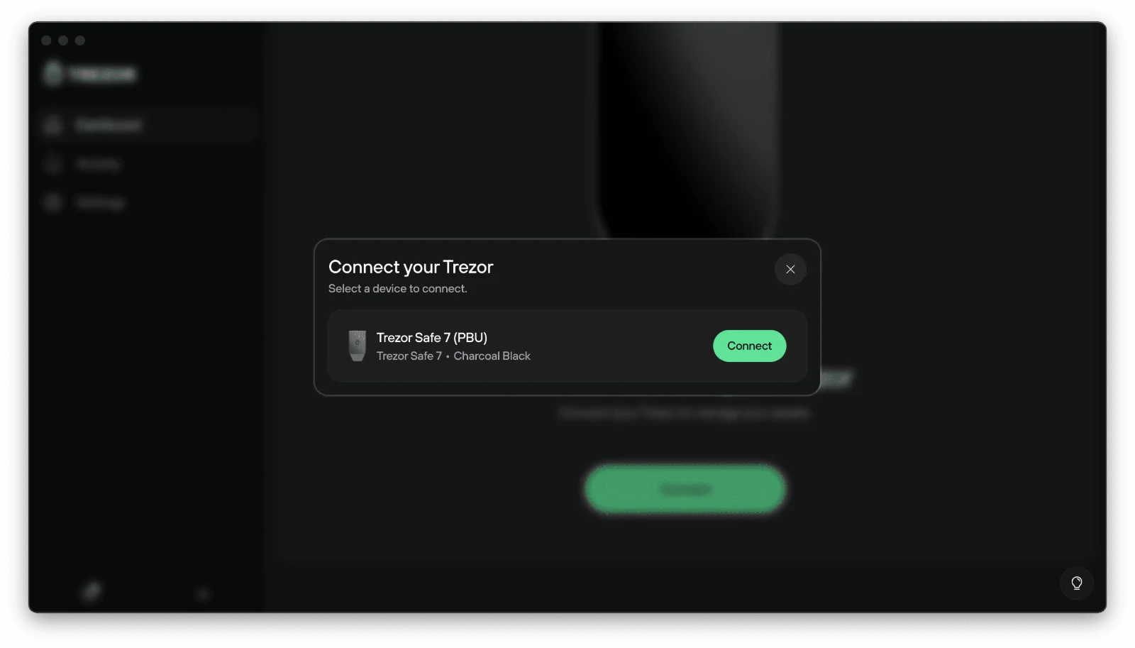 Trezor Suite listando a Trezor Safe 7 encontrada por Bluetooth, com o botão Connect para parear