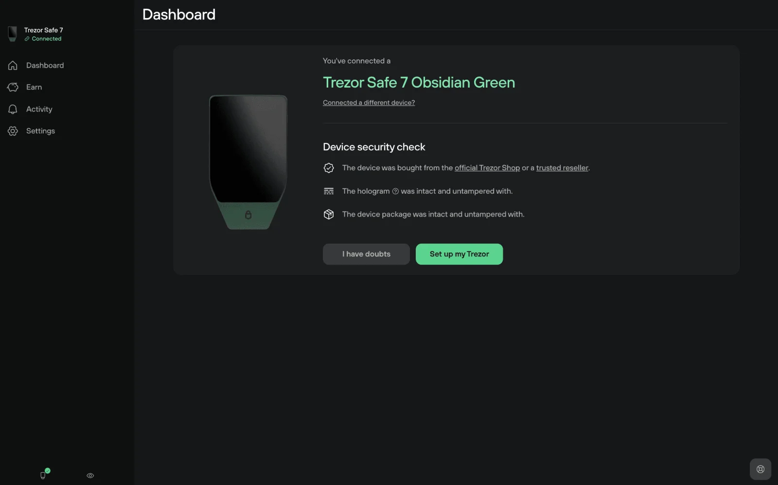 Painel do Trezor Suite com a Trezor Safe 7 conectada, a verificação de segurança do dispositivo e o botão Set up my Trezor