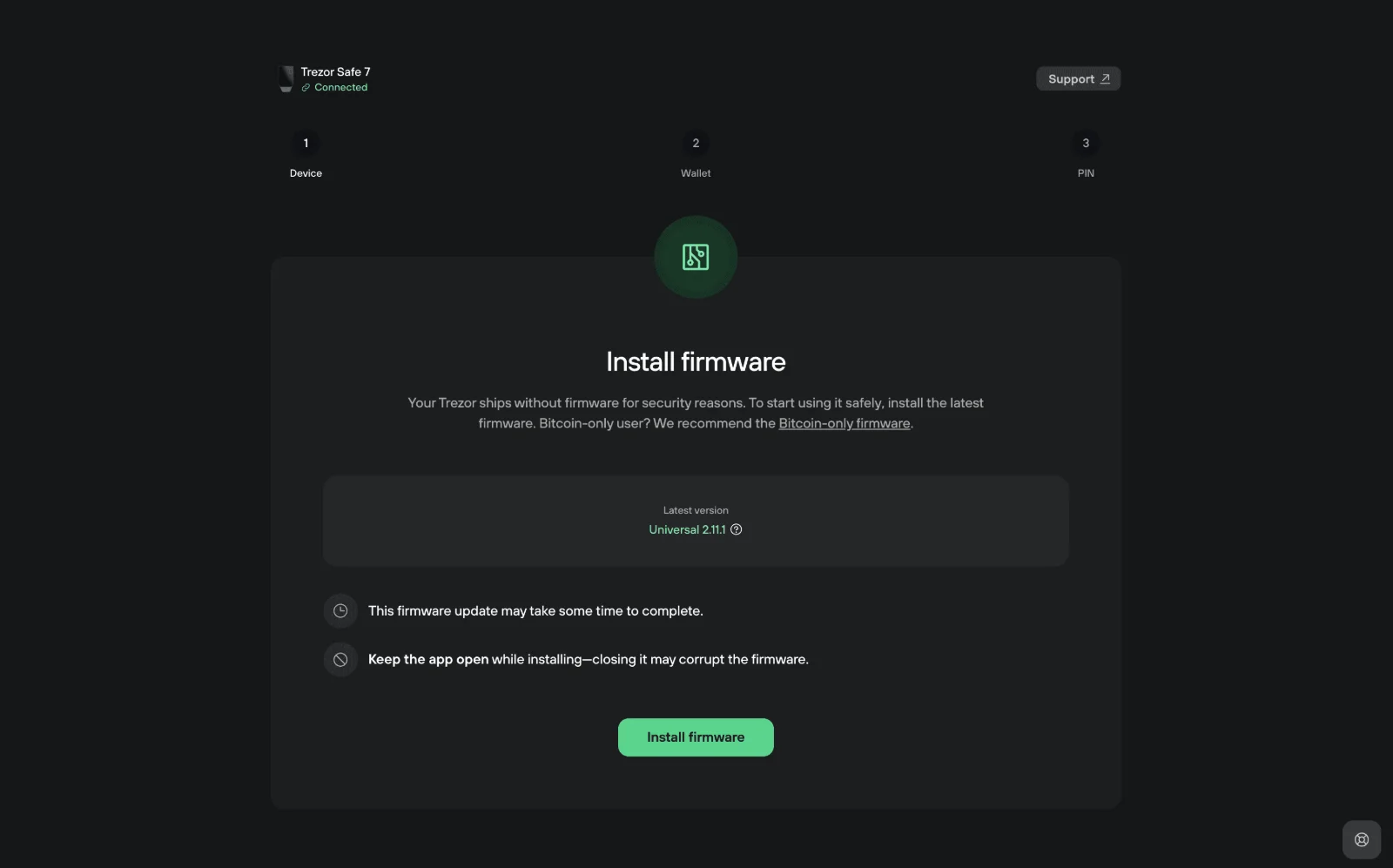 Tela do Trezor Suite para instalar o firmware da Trezor Safe 7, com o botão Install firmware