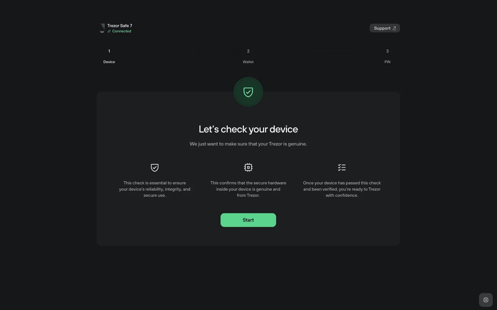 Tela Let's check your device do Trezor Suite, que inicia a verificação de autenticidade, com o botão Start
