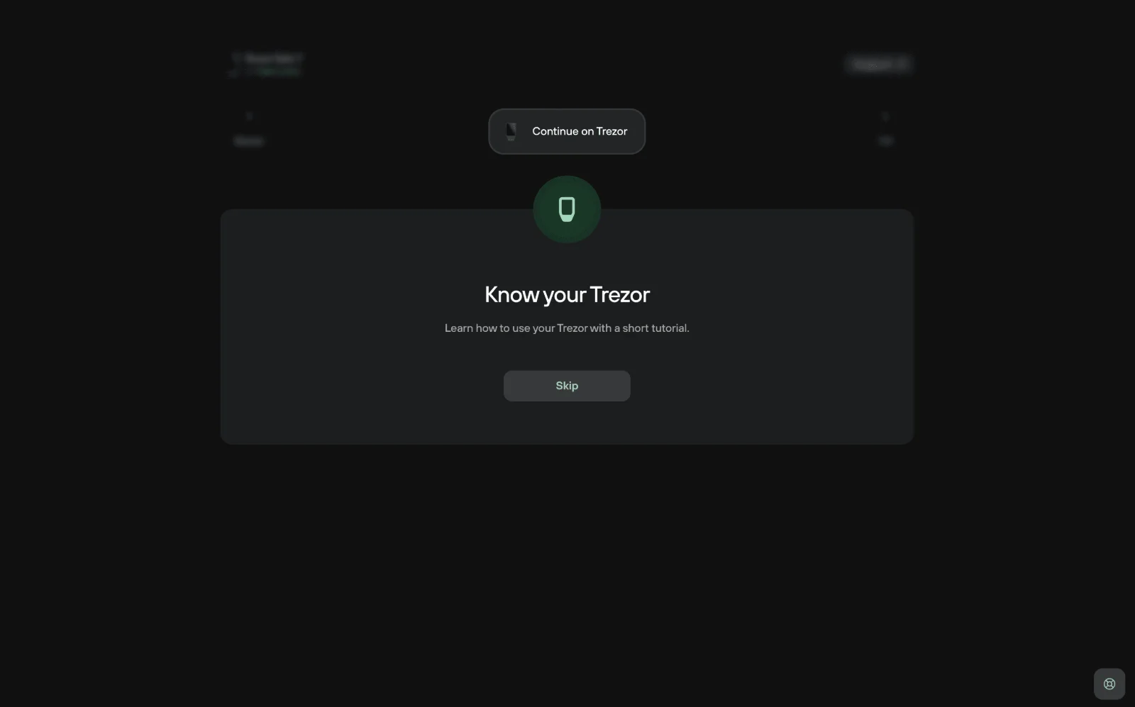 Tela Know your Trezor do Trezor Suite, com a opção de pular o tutorial