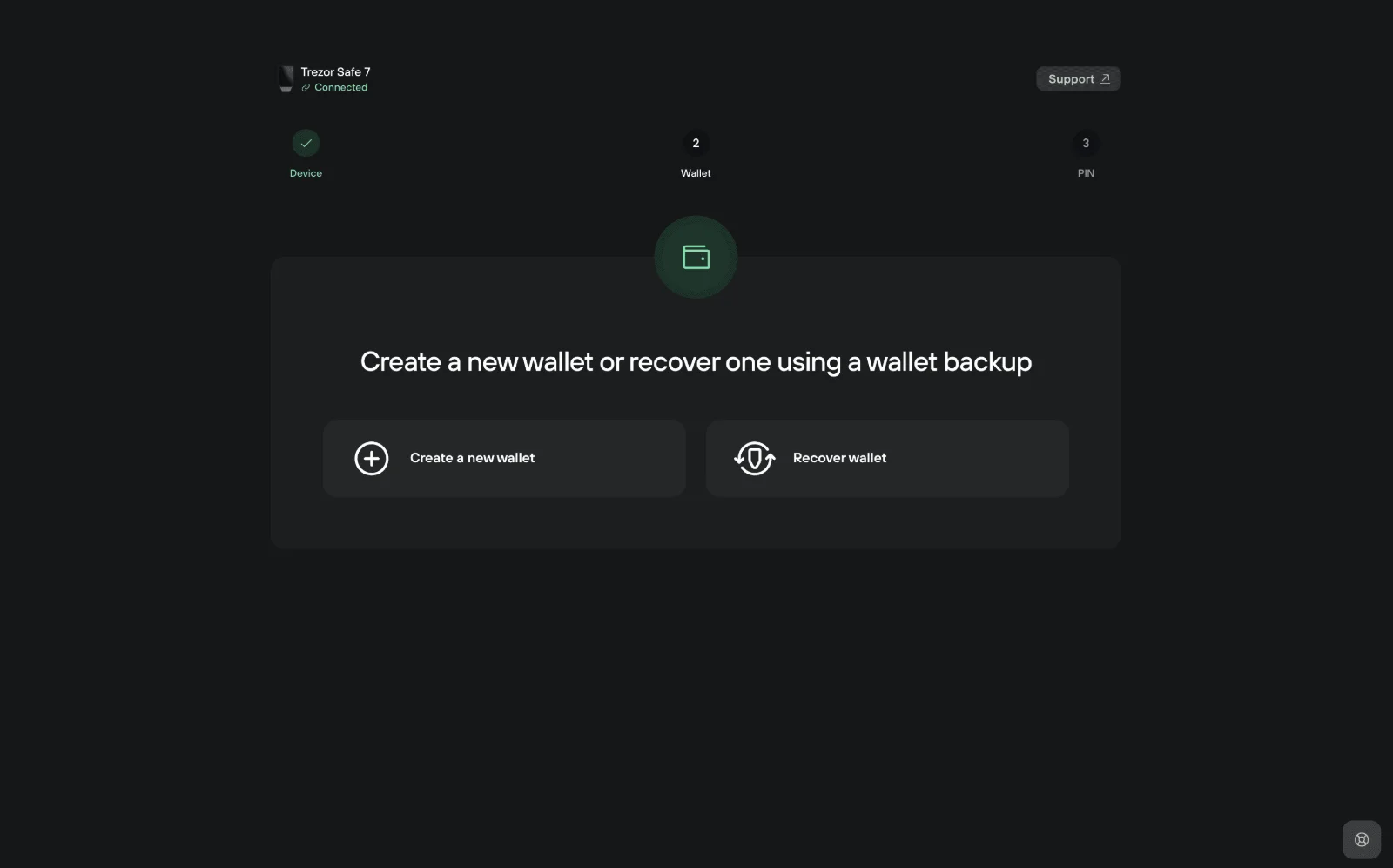Trezor Suite com as opções de criar uma carteira nova ou recuperar uma carteira a partir do backup
