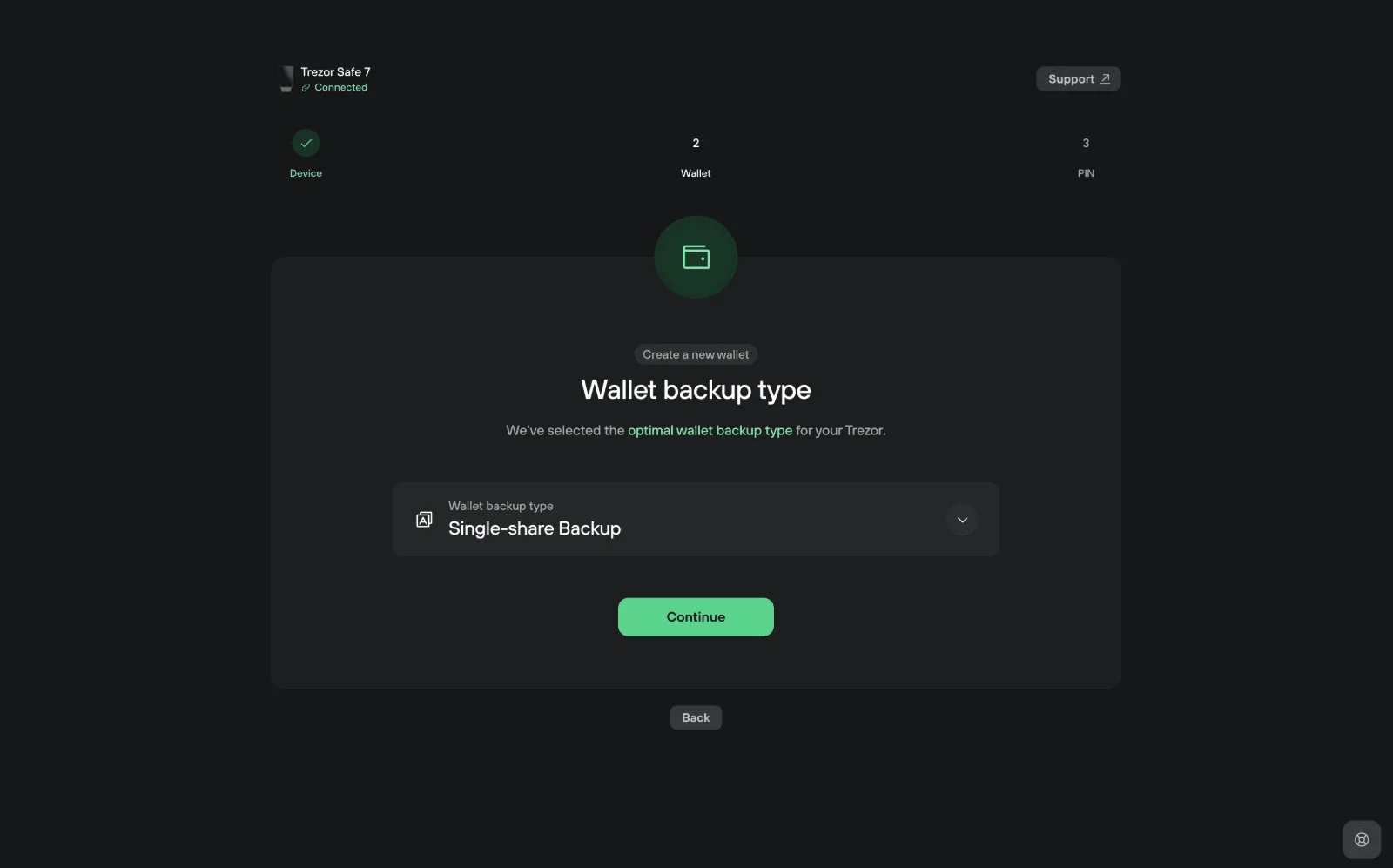Tela Wallet backup type do Trezor Suite com o Single-share Backup selecionado