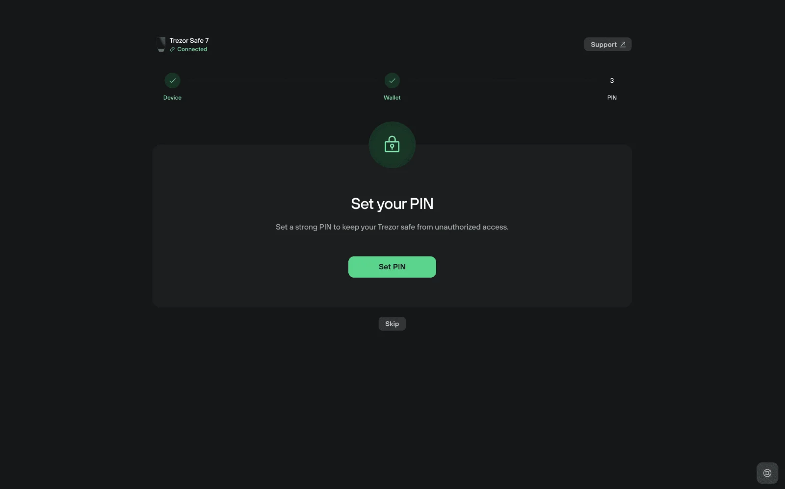 Tela Set your PIN do Trezor Suite com o botão Set PIN