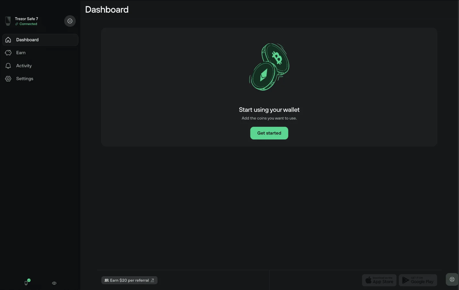 Painel do Trezor Suite depois da configuração, com a mensagem Start using your wallet e o botão Get started